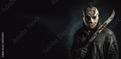 Creepy Scary Man Wearing a Hockey Mask and Holding a Knife Banner with Space for Copy for Halloween. Generative AI