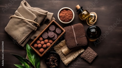 natural cosmetic. Spa skin care ingredients for chocolate wraps. Cocoa powder, chocolate, milk, cinnamon, clean and towels close-up on a dark background. Generative AI