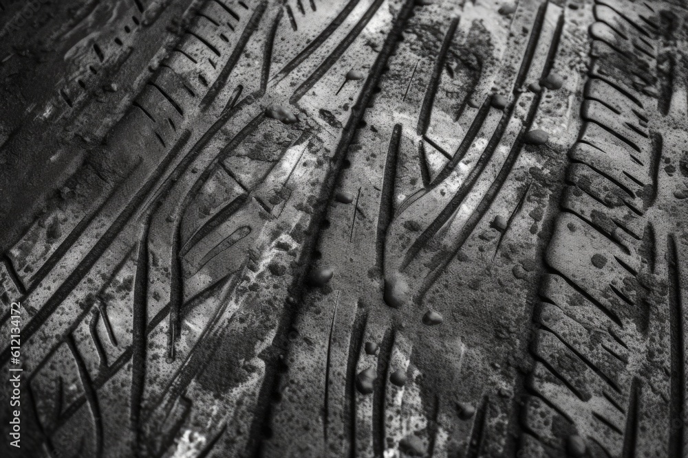 Top view of black and white traces of tire texture on black ground after rain.Generative AI Top view of black and white traces of tire texture on black ground after rain.Generative AI
