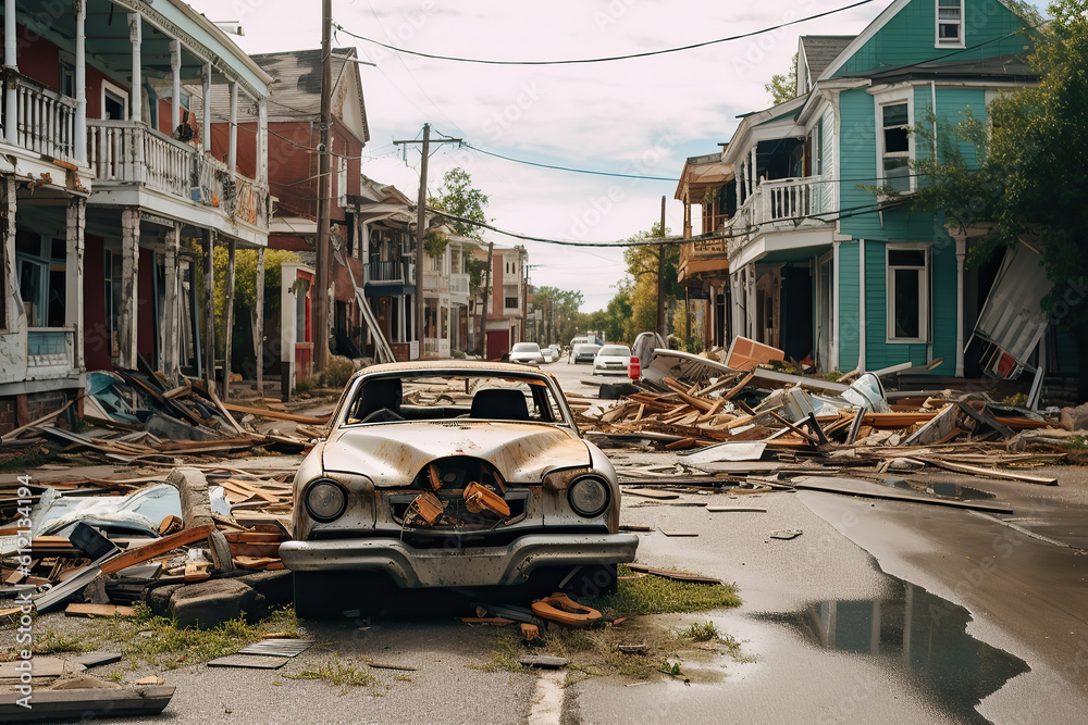 houses and the street are filled with mud after the mudflow. the concept of property insurance against accident and natural disaster.Generative AI