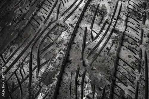 Top view of black and white traces of tire texture on black ground after rain.Generative AI