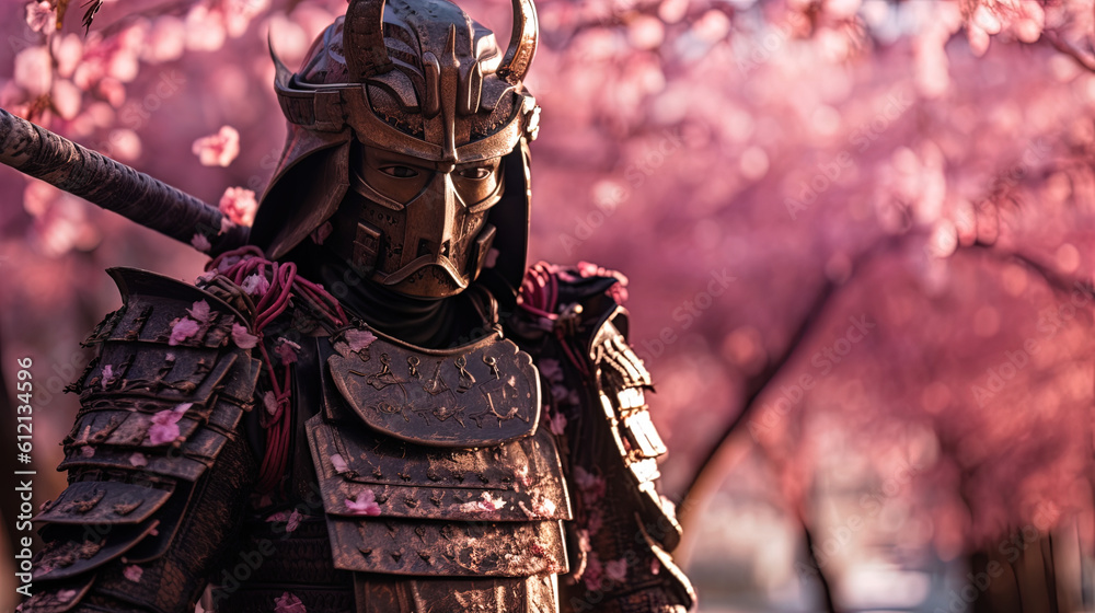 Samurai Warrior Amidst Blossoming Sakura, Majestic Japanese Garden, Samurai Ninja Woman. Generative AI
