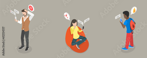 3D Isometric Flat Vector Conceptual Illustration of Bad News, Sad Anxious Characters with Mobile Phones