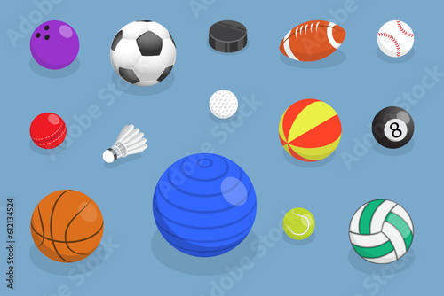 3D Isometric Flat Vector Set of Various Sport Balls, Game Inventory