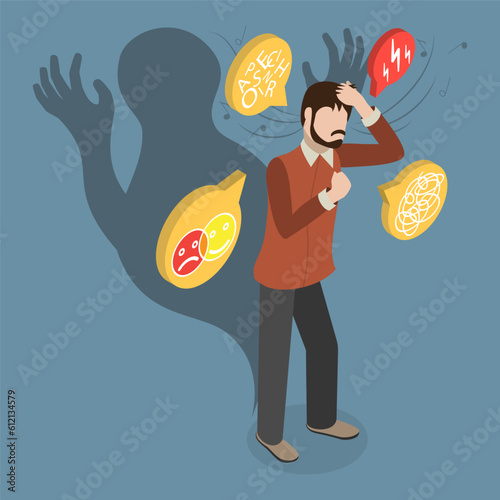 3D Isometric Flat Vector Conceptual Illustration of Schizophrenia, Person with Paranoia and Depression