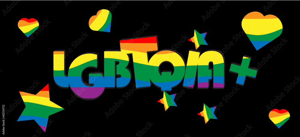 ILLUSTRATION TEXT LGBTQIA+ COLORS RAINBOW WITH HEART AND STARS