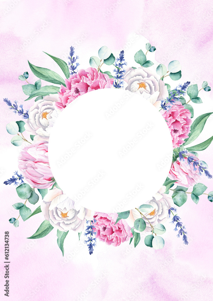 Floral background card. Wedding invitation template with circle wreath, white and pink peonies, lavender, eucalyptus, purple watercolor splashes. For save the date, greeting cards and cover design.
