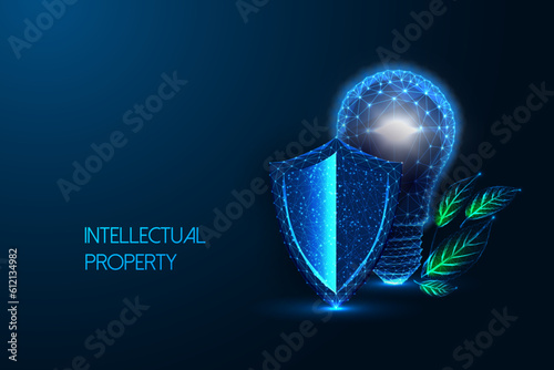 Intellectual property, innovation protection futuristic concept with lightbulb and shield symbols 