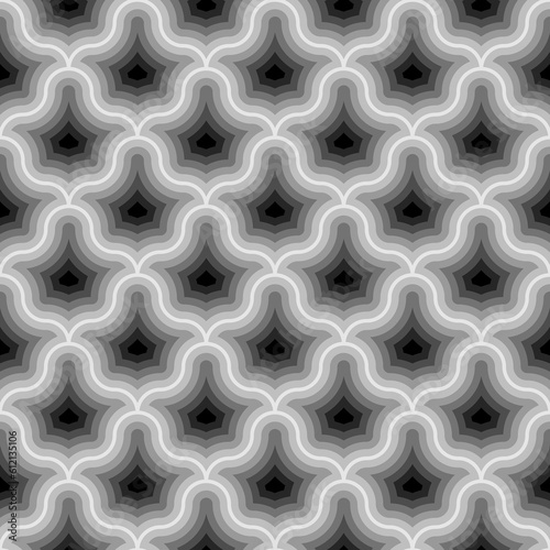 Interlocking figures tessellation background. Floral shapes images. Ethnic mosaic tiles motif. Mosaic wallpaper. Seamless surface pattern design. Scales ornament. Digital paper  textile print.