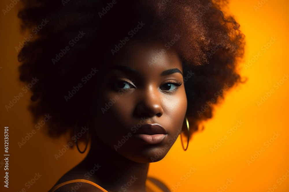 Young afro-american woman posing in a studio with professional light. Generative AI
