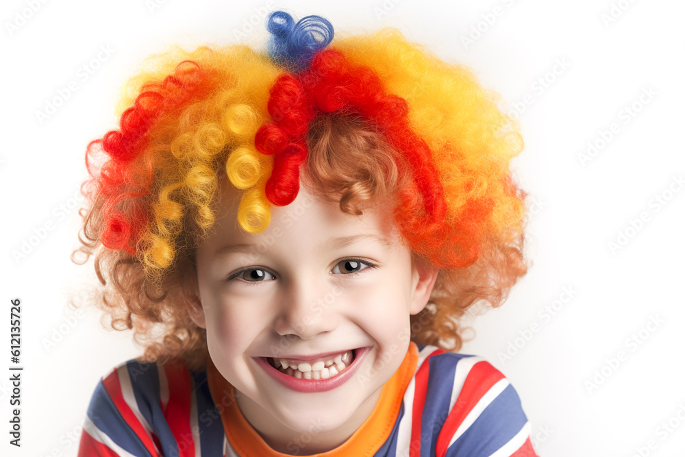 Little smiling boy clown on the white background. Generative AI Little smiling boy clown on the white background. Generative AI