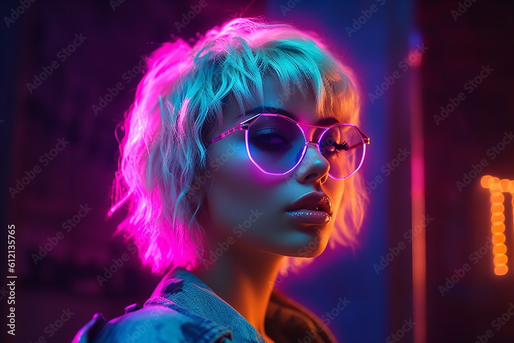 portrait of a woman with neon futuristic background