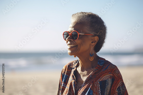Senior afro-american woman relaxing on a beach. Generative AI