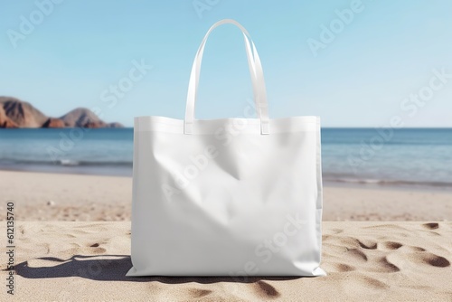 Mockup of a white blank tote bag with sky and nature on the background