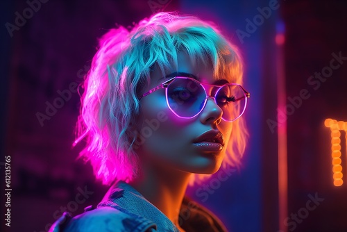portrait of a woman with neon futuristic background