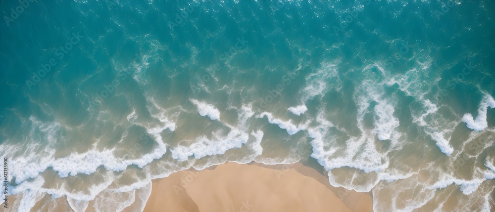 Ocean waves on the beach as a background. Beautiful natural summer vacation holidays background. Aerial top down view of beach and sea with blue water waves. Generative Ai	
