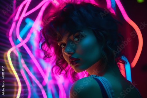 portrait of a woman with neon futuristic background