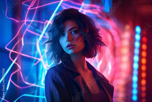 portrait of a woman with neon futuristic background