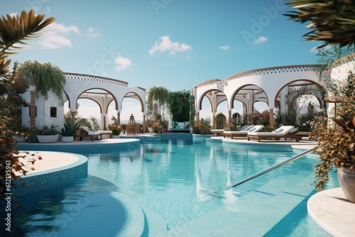 luxury pool in the resort hotel vaporwave