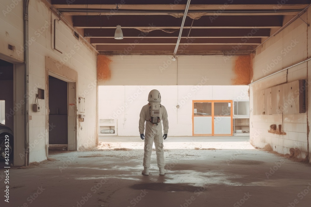 Astronaut in a ruined city background in post apocalypse style Generative AI