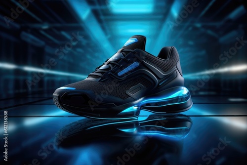 Trendy blue neon sneakers. Sports shoes with neon glow on a dark background. AI generation