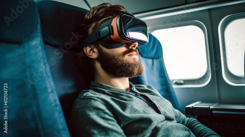 Man relaxing with VR goggles on an airplane by generative AI © Gary