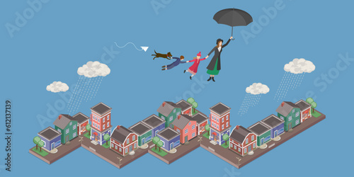 3D Isometric Flat Vector Conceptual Illustration of Babysitter, Woman Taking Care of Kids © TarikVision