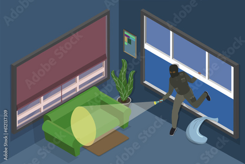 3D Isometric Flat Vector Conceptual Illustration of Robbery, Night Bulgar Intrusion into Apartment