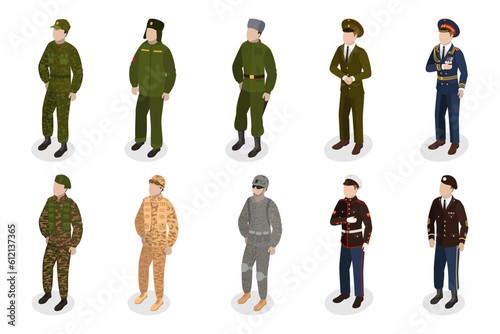 3D Isometric Flat Vector Set of Military People, Characters in Uniform