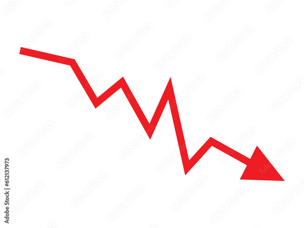 Red arrow going down stock icon on white background. Decrease, Bankruptcy, financial market crash icon for your web site design, logo, app, UI. graph chart downtrend symbol.chart going down sign. Red arrow going down stock icon on white background. Decrease, Bankruptcy, financial market crash icon for your web site design, logo, app, UI. graph chart downtrend symbol.chart going down sign.