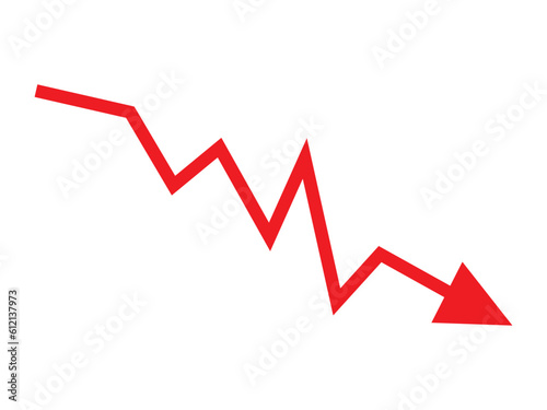 Red arrow going down stock icon on white background. Decrease, Bankruptcy, financial market crash icon for your web site design, logo, app, UI. graph chart downtrend symbol.chart going down sign.