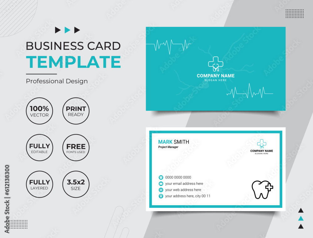 Double-sided Professional Medical Doctor Healthcare Business Card Design Template. Vector illustration