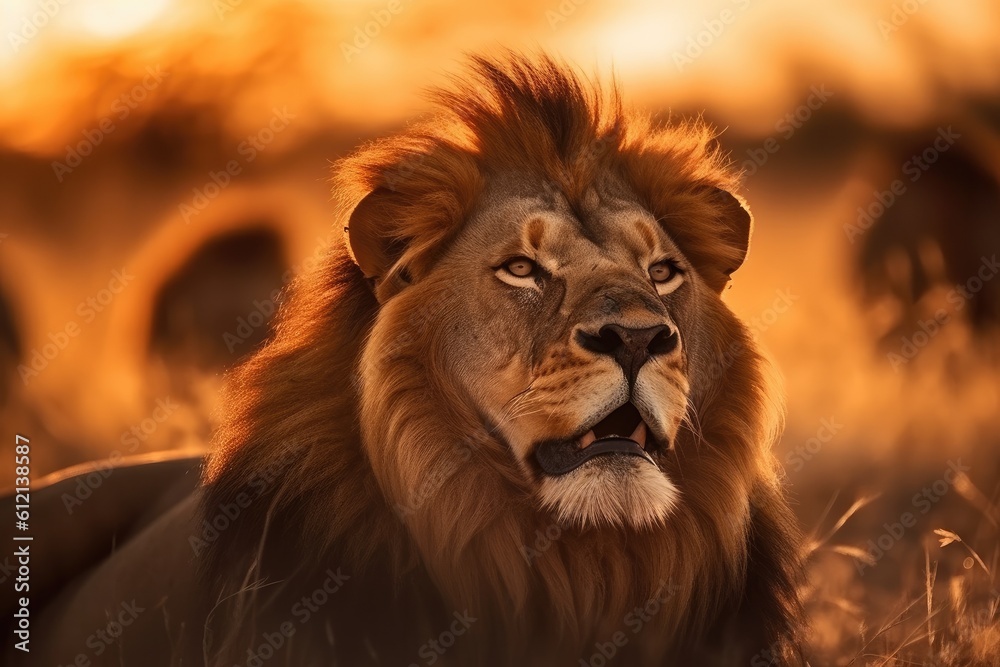Fototapeta premium Lion in the sunset in the wilderness in Africa, made with generative ai