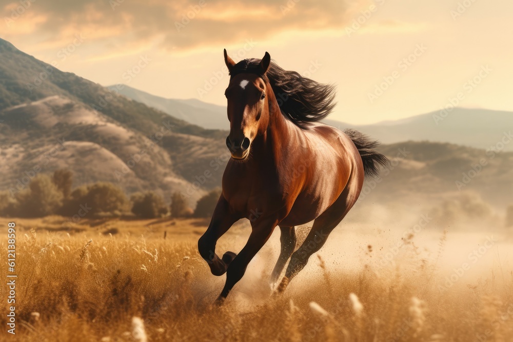 Stunning picture of a brown horse in motion on grass generative Stunning picture of a brown horse in motion on grass generative