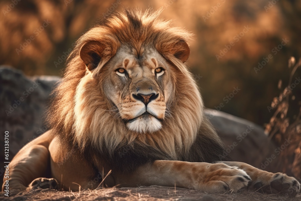 Lion in the sunset in the wilderness in Africa, made with generative ai Lion in the sunset in the wilderness in Africa, made with generative ai