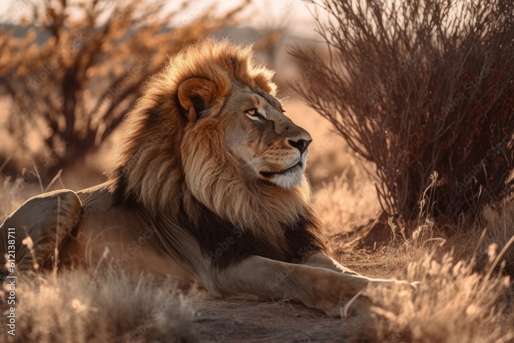 Lion in the sunset in the wilderness in Africa, made with generative ai