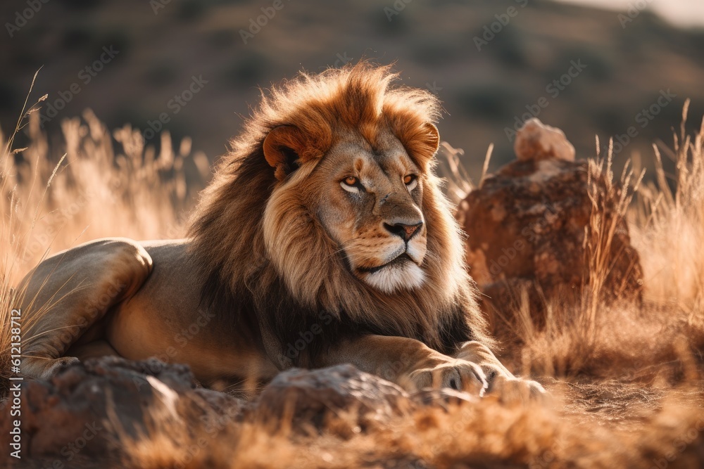 Lion in the sunset in the wilderness in Africa, made with generative ai