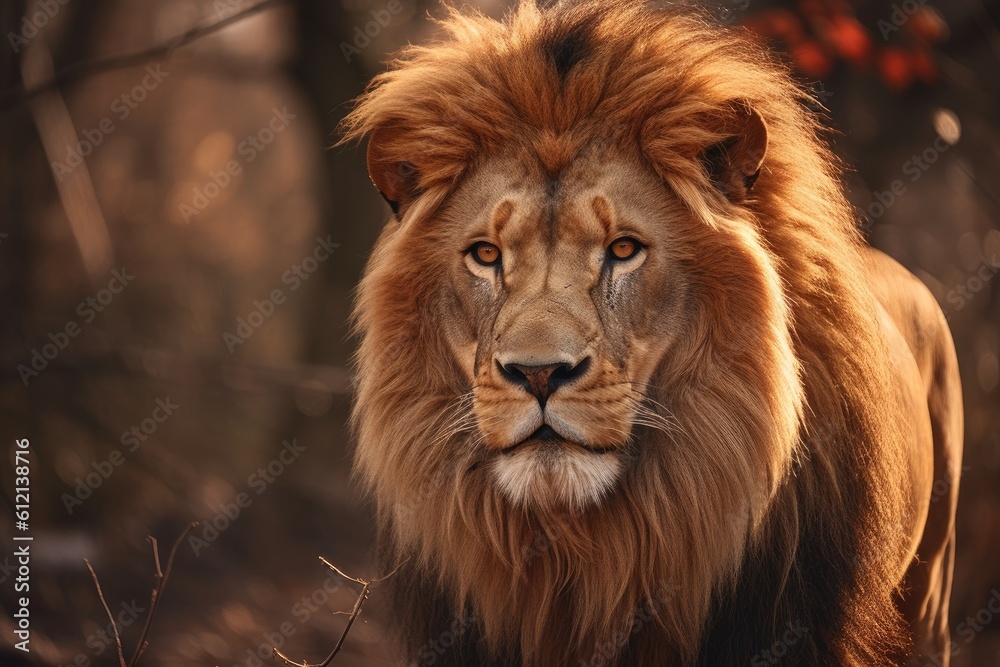 Lion in the sunset in the wilderness in Africa, made with generative ai Lion in the sunset in the wilderness in Africa, made with generative ai