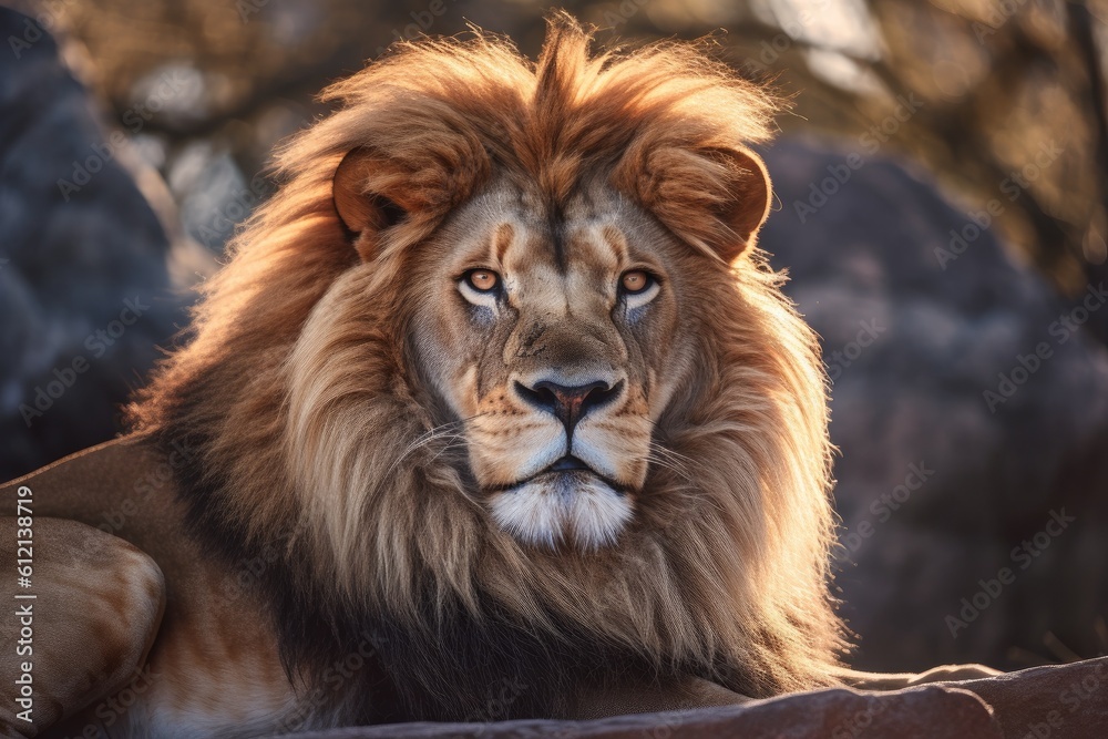 Lion in the sunset in the wilderness in Africa, made with generative ai Lion in the sunset in the wilderness in Africa, made with generative ai