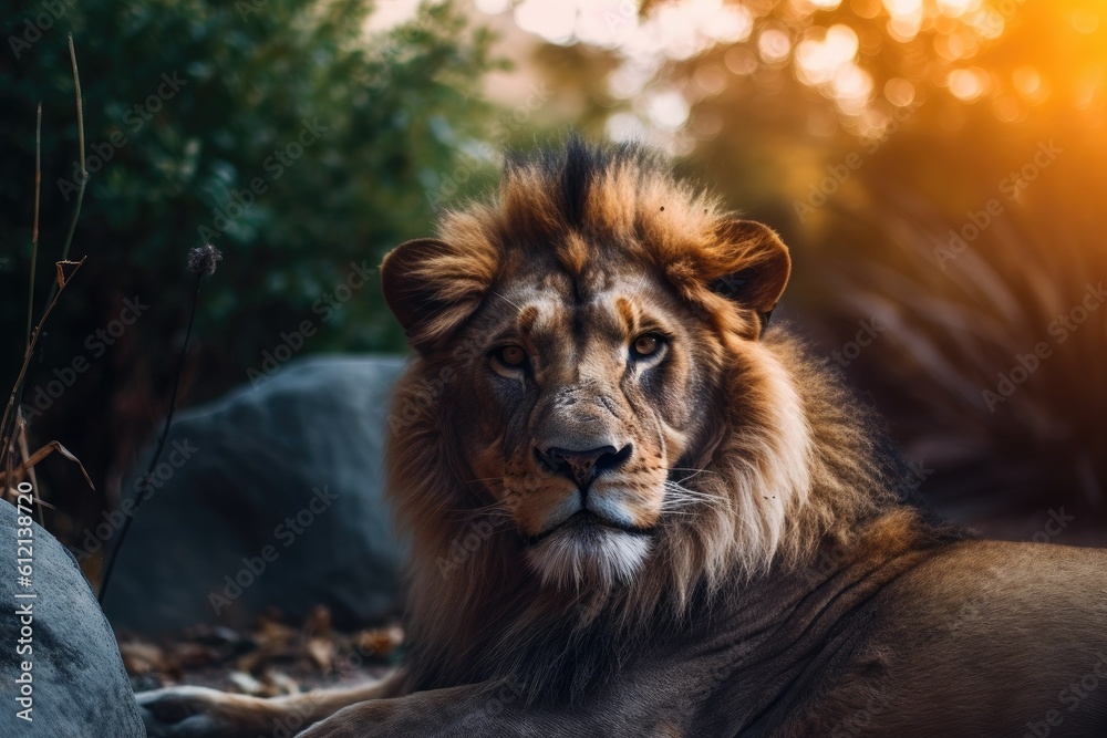 Lion in the sunset in the wilderness in Africa, made with generative ai