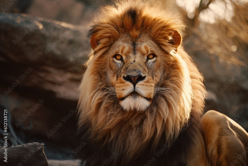Lion in the sunset in the wilderness in Africa, made with generative ai Lion in the sunset in the wilderness in Africa, made with generative ai