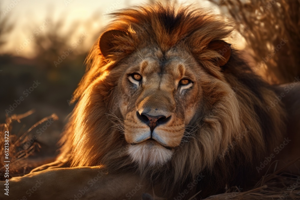 Lion in the sunset in the wilderness in Africa, made with generative ai Lion in the sunset in the wilderness in Africa, made with generative ai