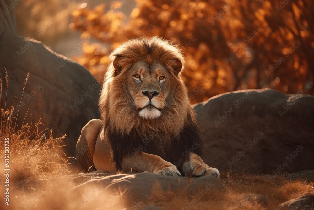 Lion in the sunset in the wilderness in Africa, made with generative ai