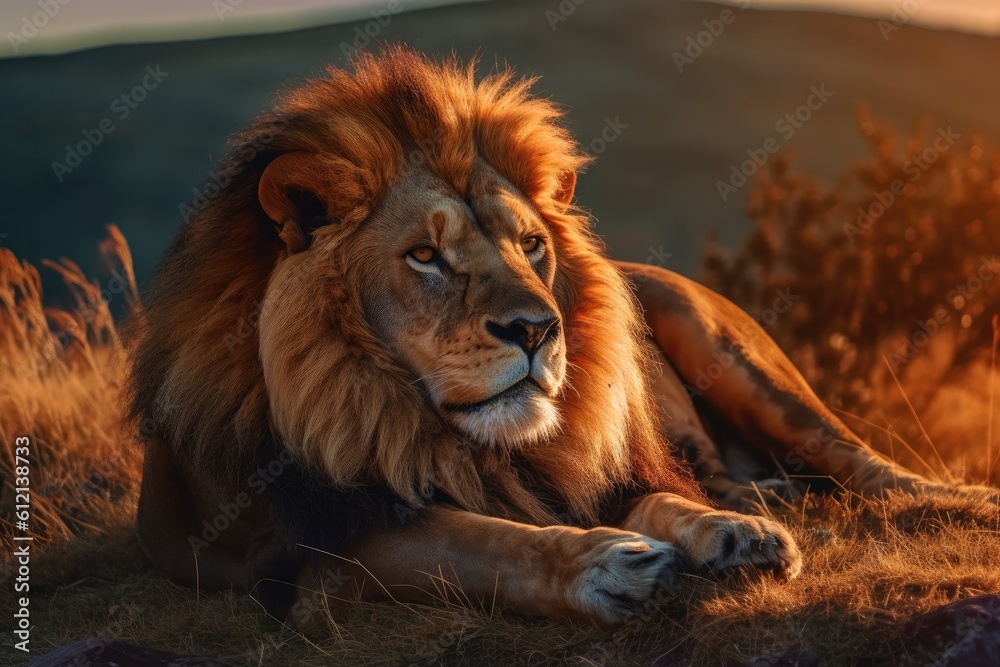 Naklejka premium Lion in the sunset in the wilderness in Africa, made with generative ai