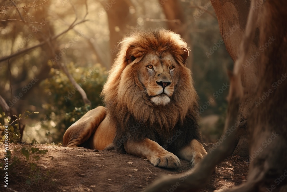 Fototapeta premium Lion in the sunset in the wilderness in Africa, made with generative ai