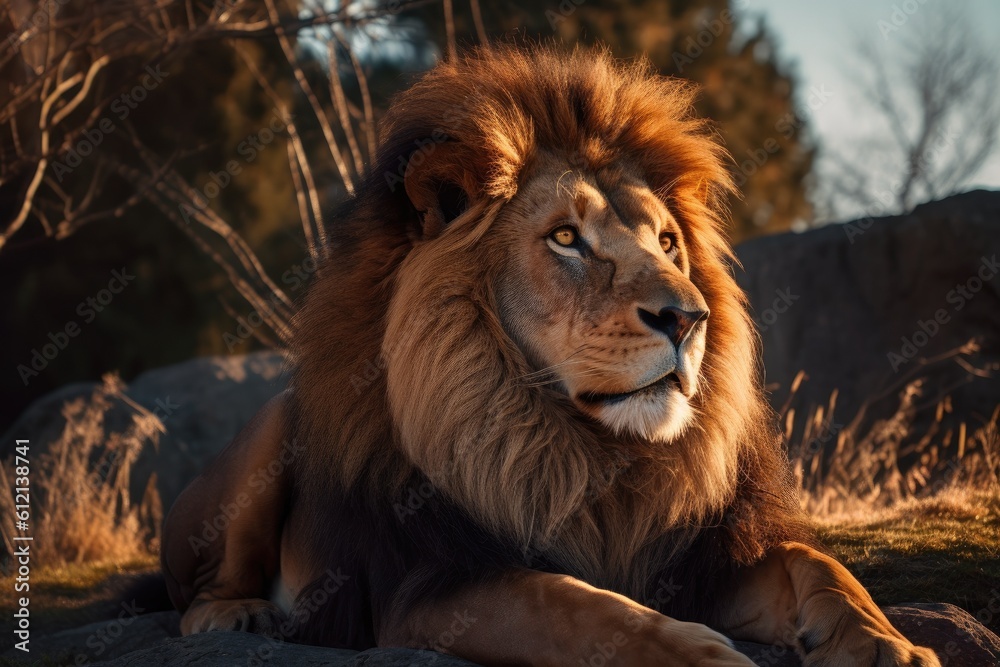 Fototapeta premium Lion in the sunset in the wilderness in Africa, made with generative ai