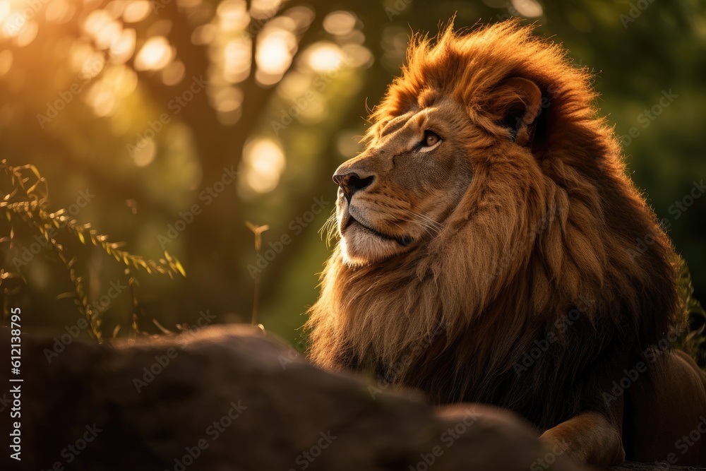Naklejka premium Lion in the sunset in the wilderness in Africa, made with generative ai