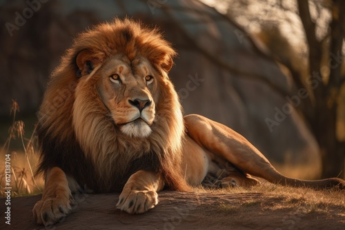 Lion in the sunset in the wilderness in Africa  made with generative ai