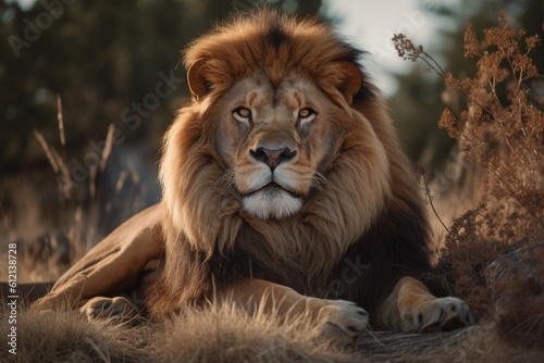 Lion in the sunset in the wilderness in Africa  made with generative ai