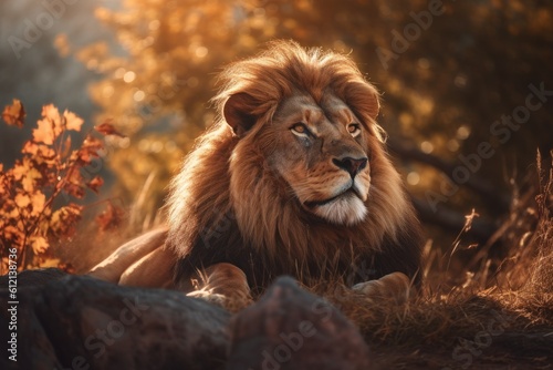 Lion in the sunset in the wilderness in Africa  made with generative ai